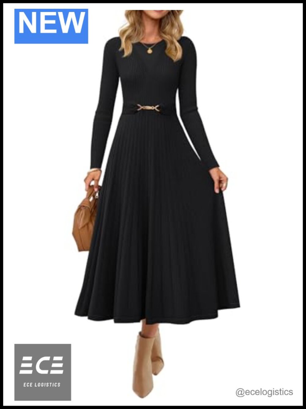 Pleated Midi Sweater Dress Long Sleeve Belted Knit Crew Neck